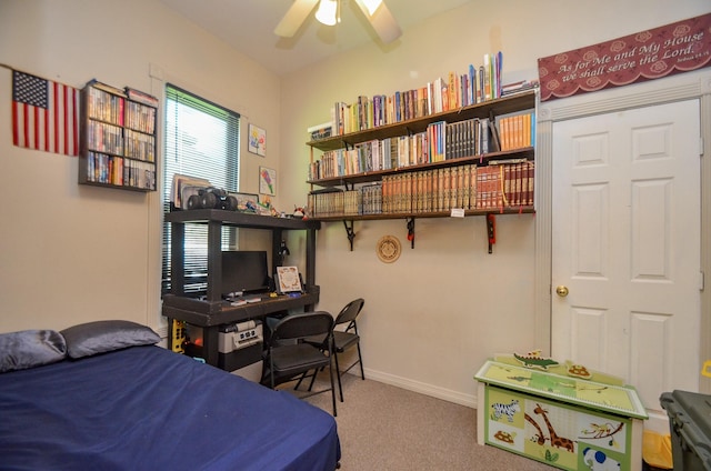 carpeted bedroom with ceiling fan