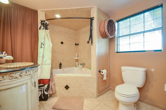 full bathroom featuring tile patterned flooring, shower / bath combo, vanity, and toilet