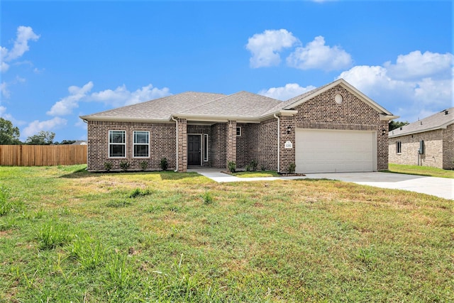 ranch-style house with a front yard and a garage