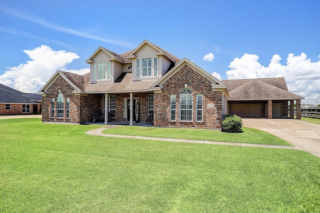 view of front facade with a front yard, a garage, and covered porch