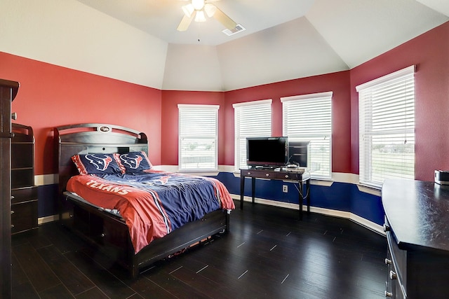 bedroom featuring ceiling fan, wood-type flooring, and lofted ceiling