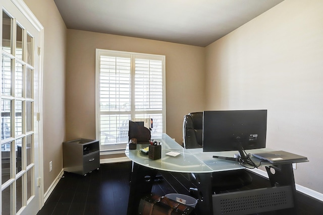 home office featuring dark hardwood / wood-style flooring