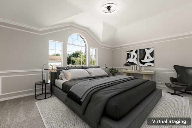 bedroom featuring lofted ceiling and carpet floors