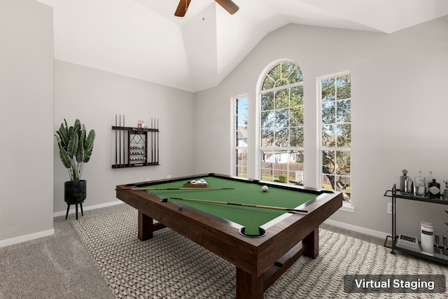 recreation room with ceiling fan, carpet, lofted ceiling, and pool table