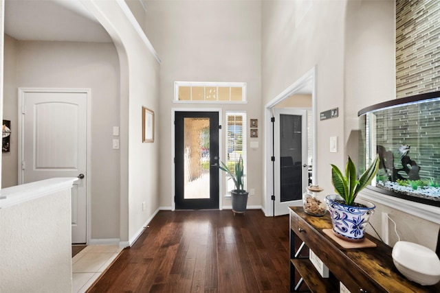 foyer entrance with a towering ceiling and dark wood-type flooring