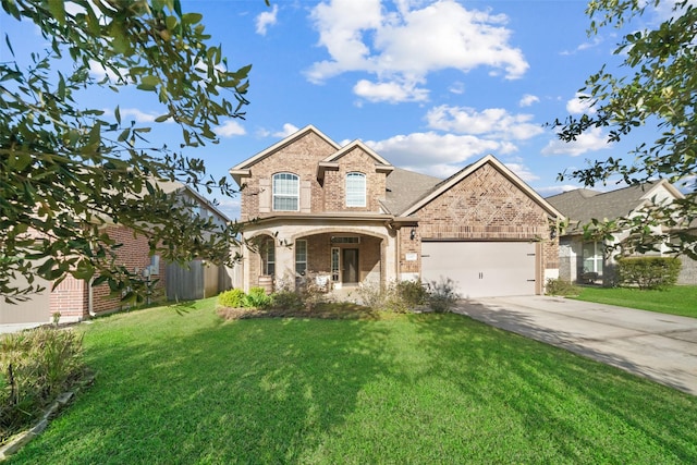 craftsman inspired home with covered porch, a garage, and a front yard