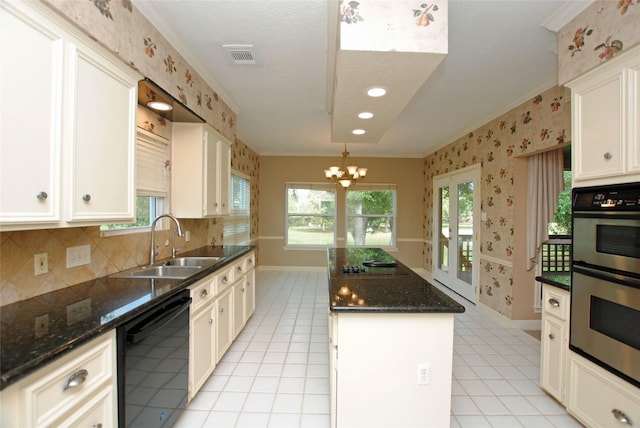 kitchen featuring light tile patterned flooring, sink, dark stone countertops, dishwasher, and stainless steel double oven