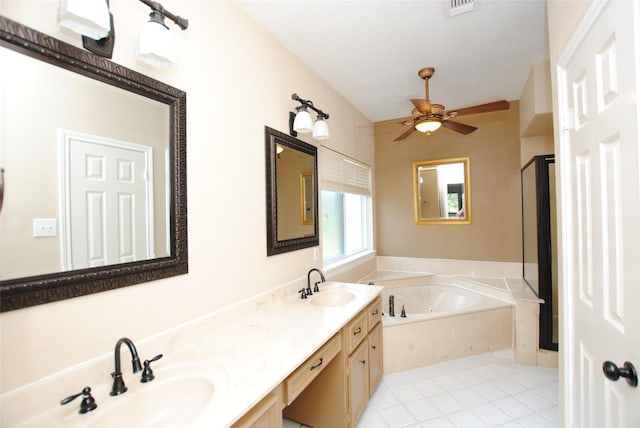 bathroom featuring separate shower and tub, a textured ceiling, vanity, ceiling fan, and tile patterned flooring