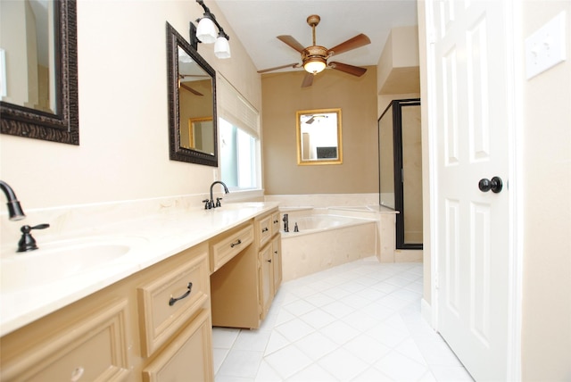 bathroom with ceiling fan, vanity, independent shower and bath, and tile patterned flooring