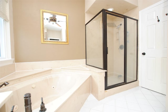 bathroom featuring shower with separate bathtub and tile patterned flooring