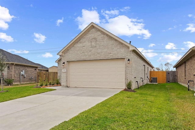 view of side of property featuring a garage, central AC unit, and a lawn