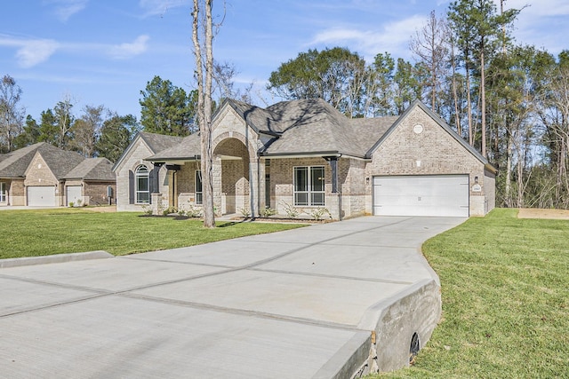 view of front of home with a front yard and a garage