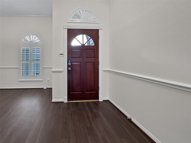 entrance foyer featuring ornamental molding and dark wood-type flooring