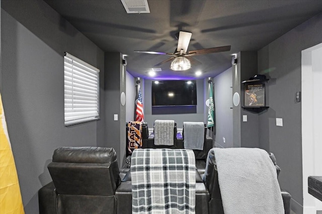 home theater room featuring ceiling fan