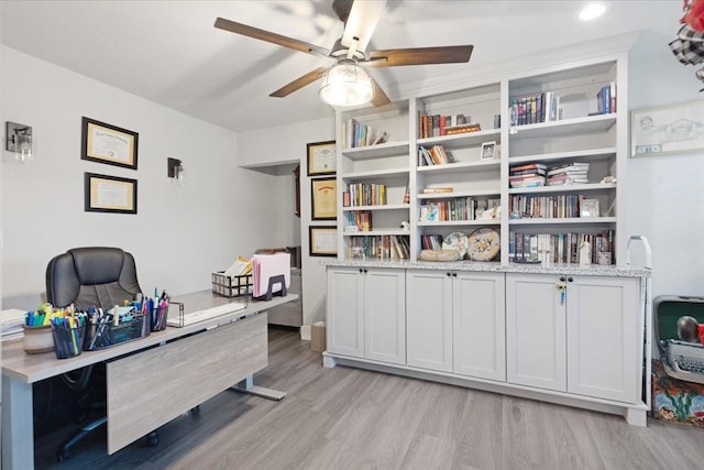 office featuring ceiling fan and light wood-type flooring