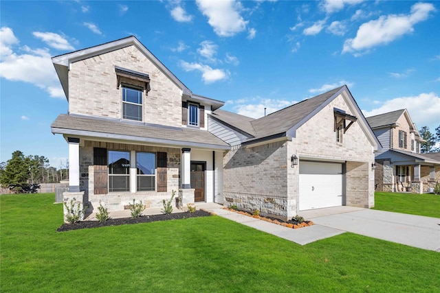 view of front of property with a porch and a front lawn