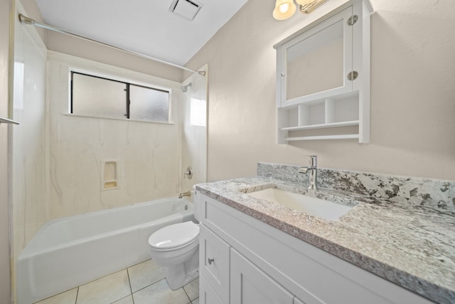 full bathroom featuring tile patterned flooring, tiled shower / bath combo, toilet, and vanity