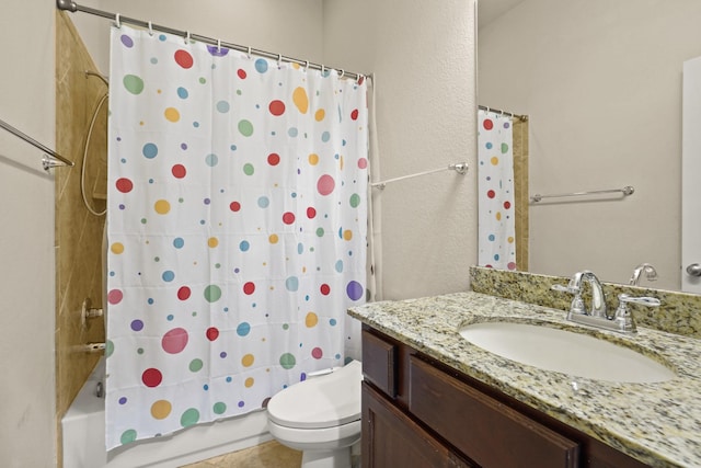 full bathroom with shower / tub combo, vanity, toilet, and tile patterned floors