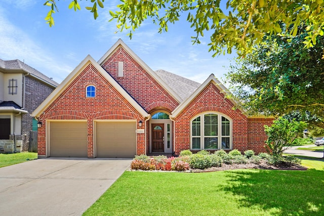 view of front of house with a front yard and a garage