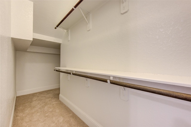 walk in closet with light carpet