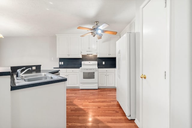 kitchen featuring white appliances, backsplash, white cabinets, sink, and light wood-type flooring