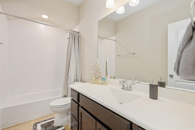 full bathroom featuring tile patterned flooring, vanity, shower / bath combination with curtain, and toilet