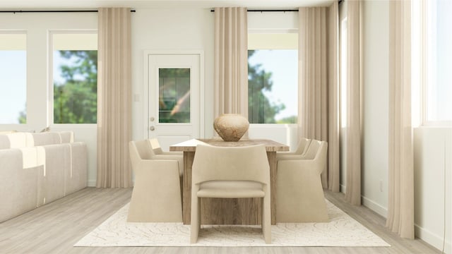 living area with a wealth of natural light and light hardwood / wood-style flooring