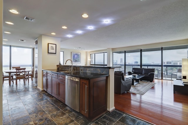 kitchen with dishwasher, a wall of windows, a healthy amount of sunlight, and sink