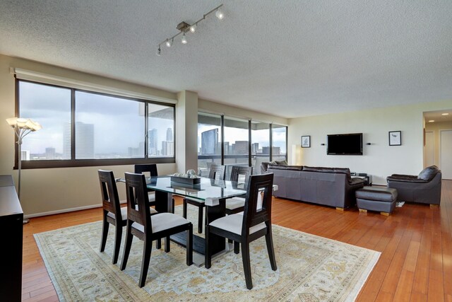 dining area with hardwood / wood-style floors, a textured ceiling, and track lighting