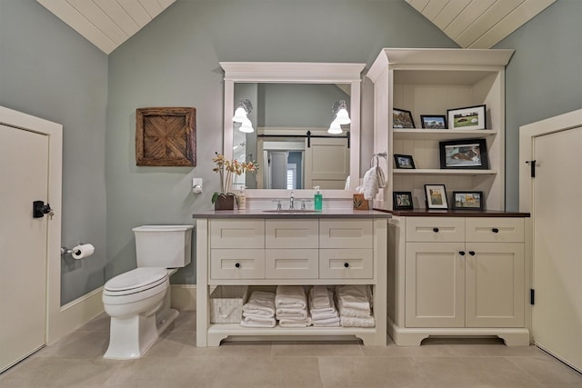 26210 Bluejack National Blvd Unit 14, Montgomery, TX 77316 - bathroom with tile patterned floors, vanity, vaulted ceiling, and toilet