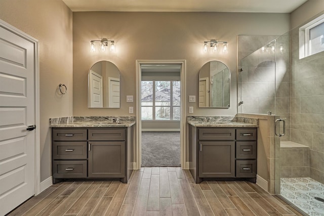 bathroom featuring vanity and a shower with shower door