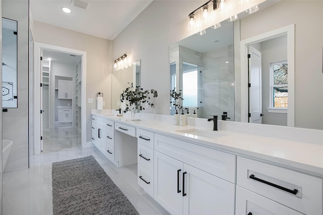 bathroom with vanity and a shower with shower door