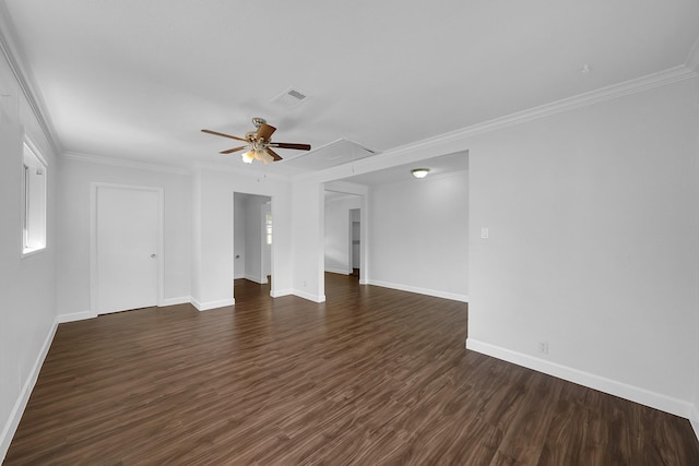 unfurnished living room featuring ceiling fan, dark hardwood / wood-style flooring, and ornamental molding