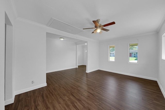 unfurnished room with ceiling fan, dark wood-type flooring, and ornamental molding