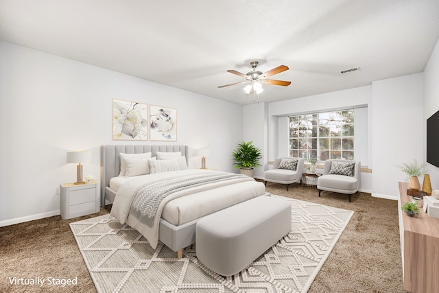 bedroom featuring carpet and ceiling fan