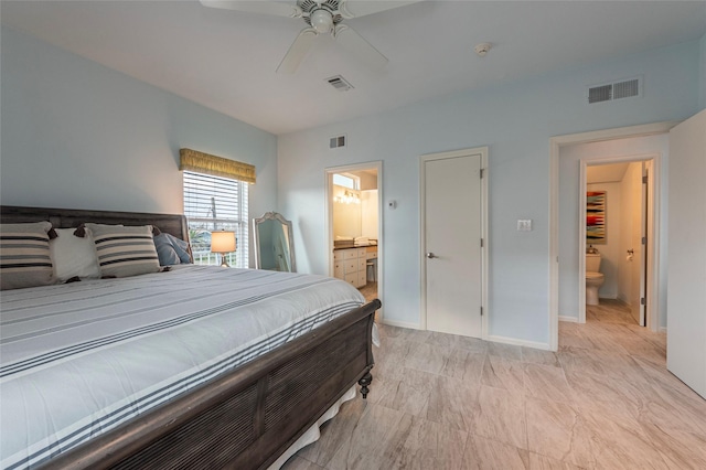 bedroom with ensuite bathroom and ceiling fan