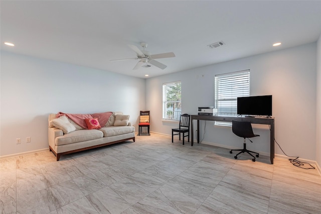 office area featuring baseboards, visible vents, ceiling fan, and recessed lighting