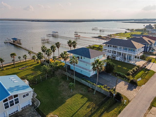 drone / aerial view with a water view