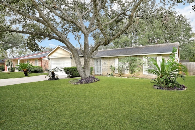 ranch-style home featuring a front yard and a garage