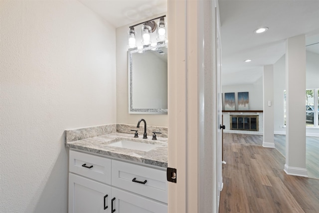 bathroom featuring hardwood / wood-style floors and vanity