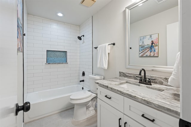 full bathroom with toilet, vanity, tiled shower / bath combo, and tile patterned flooring