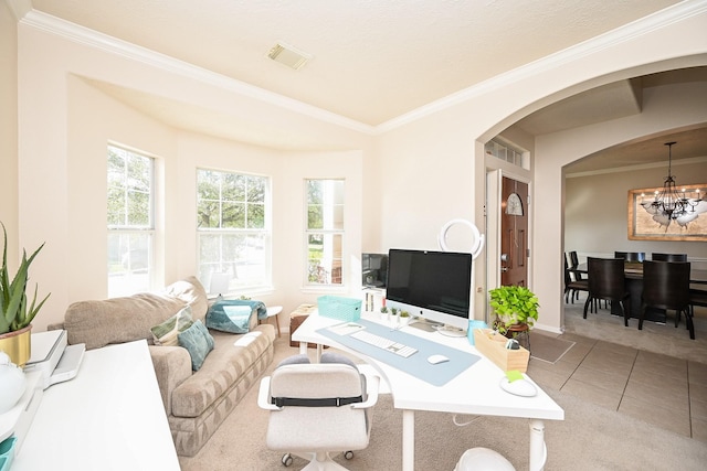 tiled living room featuring crown molding and a chandelier