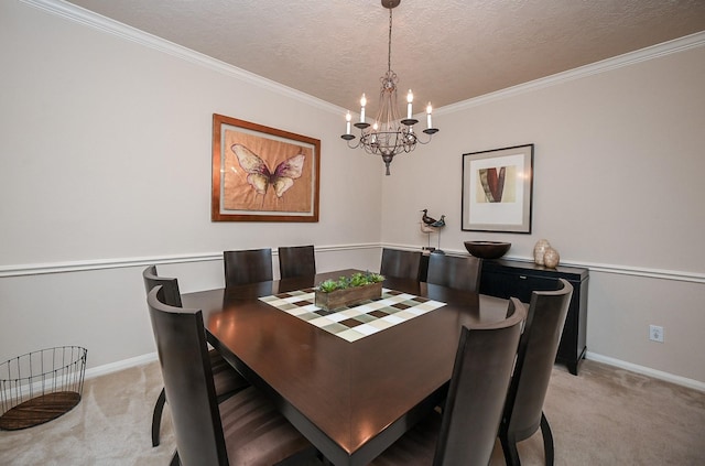 carpeted dining space with a textured ceiling, crown molding, and a chandelier