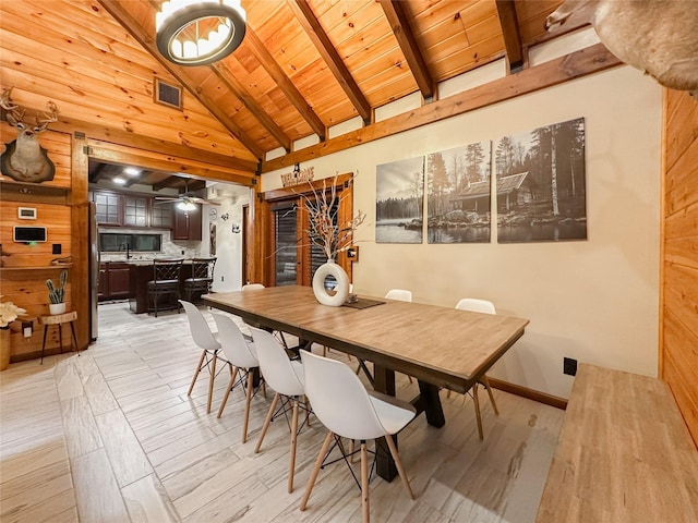 dining space with beam ceiling, ceiling fan, wooden ceiling, high vaulted ceiling, and light wood-type flooring