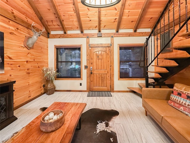 living room featuring lofted ceiling with beams, wood walls, hardwood / wood-style floors, and wood ceiling