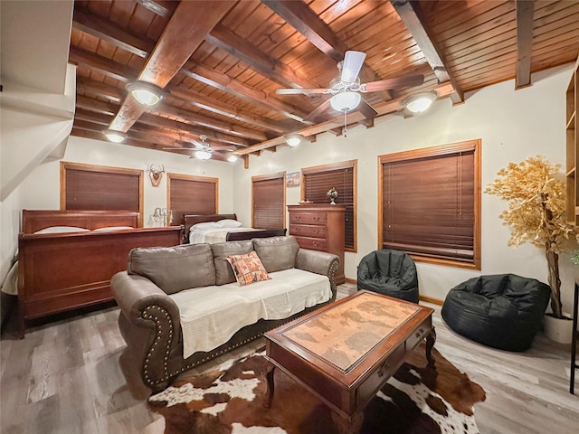 interior space featuring beamed ceiling, wooden ceiling, and hardwood / wood-style floors