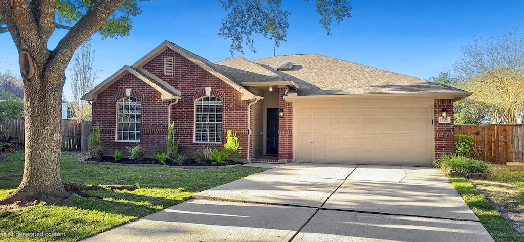 view of front of property with a front lawn and a garage