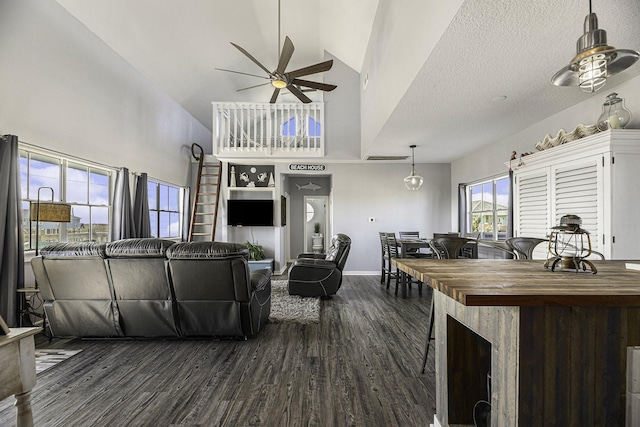 living room with a textured ceiling, dark hardwood / wood-style floors, ceiling fan, and lofted ceiling