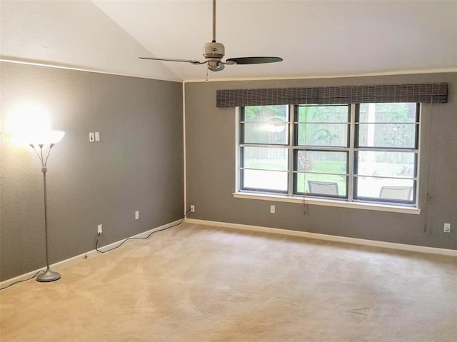 unfurnished room with carpet flooring, ceiling fan, and lofted ceiling