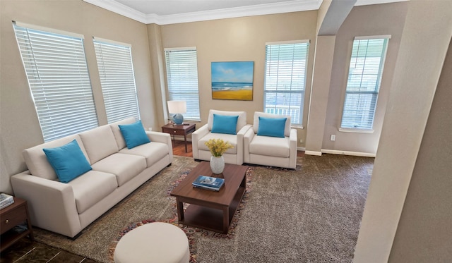 living room with crown molding